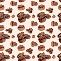 Roasted coffee beans on a brown background. Seamless pattern, collage.