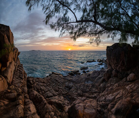 Sunset view of the Indian Ocean from Pointe Ste Marie on Praslin Island in the Seychelles 