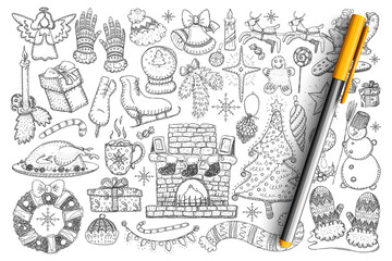 Christmas accessories and decorations doodle set. Collection of hand drawn snowman, fire, skates, candles, wreath, roasted turkey, snowball, decorations for home isolated on transparent background