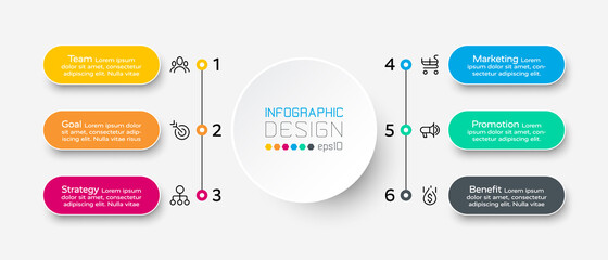 A 6-step workflow describes the processes and functions of business and work. vector infographic.