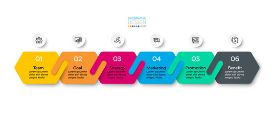 The new hexagonal design connects 6 stages in business, marketing and planning. infographic design.