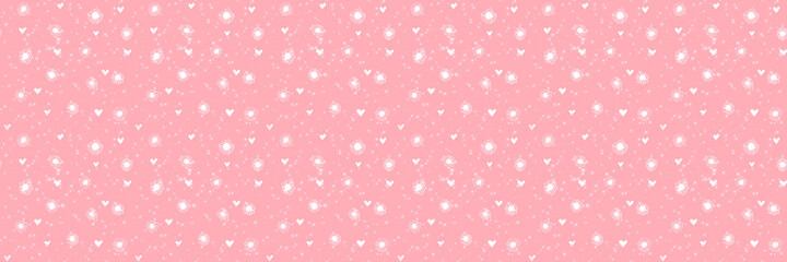cute romantic pink background with many hearts, sparks, primitive flowers of white color. Seamless background