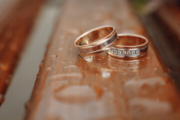 wedding rings on a wet table