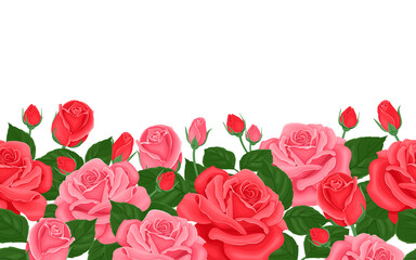 Obraz premium Pink and red roses seamless border. Horizontal floral frame. Vector illustration of beautiful flowers, buds and green leaves in cartoon flat style.