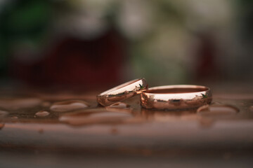 Rings just married on a wet table
