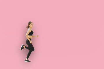 Fototapeta na wymiar Full length body size view of her she nice attractive lovely cheerful cheery energetic girl jumping running fast isolated over bright vivid shine vibrant pink color background