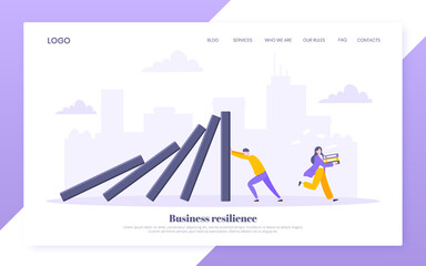 Domino effect or business resilience metaphor vector illustration. Adult young man pushing falling domino line business concept of problem solving website template.