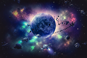 outer space galaxy illustration with stars and planets and spaceship © fathurdavega