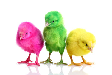 Cute colorful baby chickens sleeping on white background.