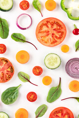 Fresh vegetables, a flatlay on a white background, vibrant food pattern, top shot
