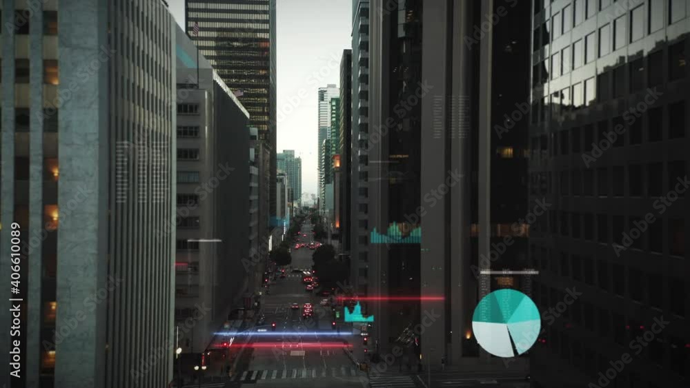 Poster signal beams and smart data between buildings in a city - 3d graphics animation