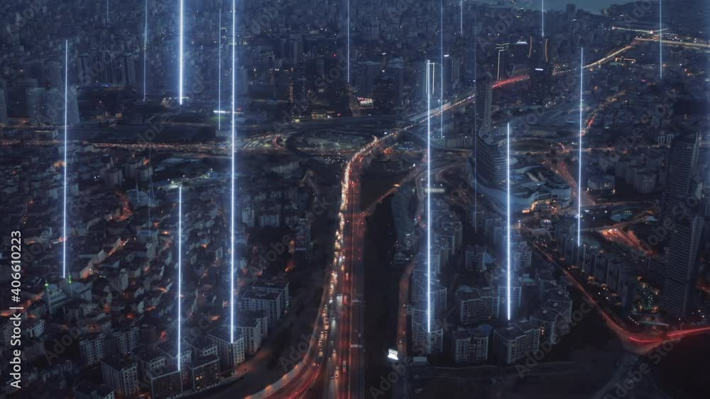 Poster traffic and technology network rays on city background - 3d render animation