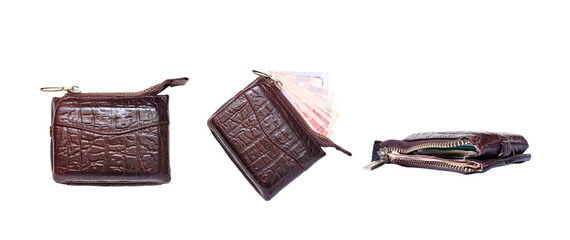 Old brown purse isolated on white background.