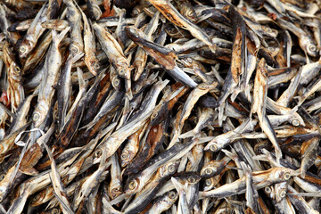 Small dry fish. Dried seafood sold in Indian market.