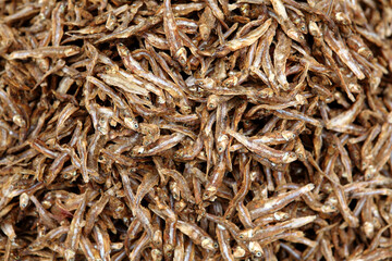 Small dry fish. Dried seafood sold in Indian market.