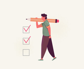 Positive business man with a giant pencil on his shoulder nearby marked checklist on a clipboard paper.  Illustration flat design style