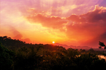 Beautiful sunset over the mountains landscape in Thailand