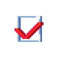 Check mark, pixel art flat icon., cartoon style, isolated vector illustration. Design for stickers, logo, web and mobile app.