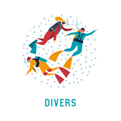 Vector flat illustration with divers. Diving