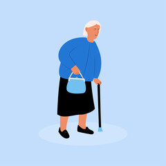 An elderly woman holding a walking stick and a bag. Grandmother with gray hair. Flat colorful vector illustration