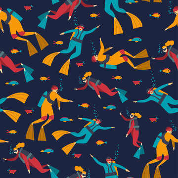 Seamless pattern with divers. Diving. Vector flat illustration on a dark background