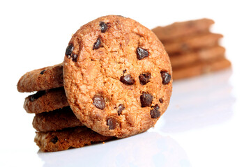 Chocolate chip cookie on white background