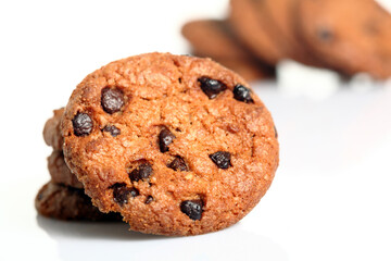 Chocolate chip cookie on white background