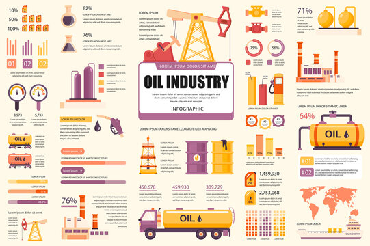 Bundle oil industry infographic UI, UX, KIT elements. Different charts, diagrams, workflow, transport, factory, crude extraction, graphs design template. Vector info graphic and infographics set.