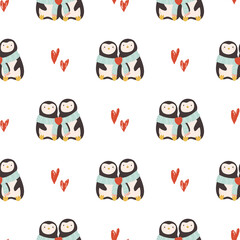 Vector seamless pattern with cute penguins for St. Valentines Day.