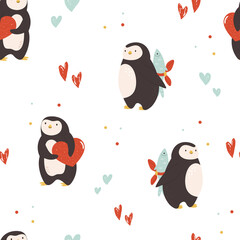 Vector seamless pattern with cute penguins for St. Valentines Day.
