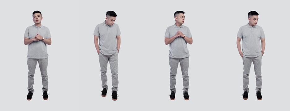 Collection of man wearing heather grey polo shirt isolated on plain background