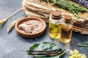 Ingredients for preparing potions on dark background