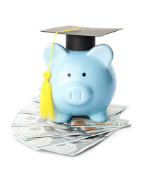 Piggy bank with graduation hat and dollar banknotes on white background