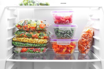 Containers and plastic bags with frozen vegetables in refrigerator
