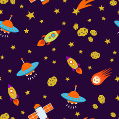 Cosmic seamless pattern. UFOs, comets, rockets, satellites, asteroids, meteorites, stars. Design for decorating a children's room, fabric, textile, wallpaper, packaging.