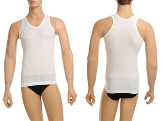 Mannequin with brief and vest on white background.