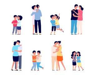 People hugs together. Couple hugging, friendship of smiling girl boy. Happy friends, cartoon adults children relationship utter vector set. Female and male hugging, smiling greeting illustration