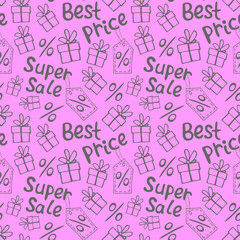 Vector seamless pattern with inscriptions and symbols Sale. Hand drawn background and texture on theme of Black Friday, best price, discounts, shopping and special offers