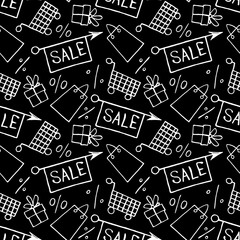 Vector seamless pattern with inscriptions and symbols Sale. Hand drawn background and texture on theme of Black Friday, discounts, shopping and special offers