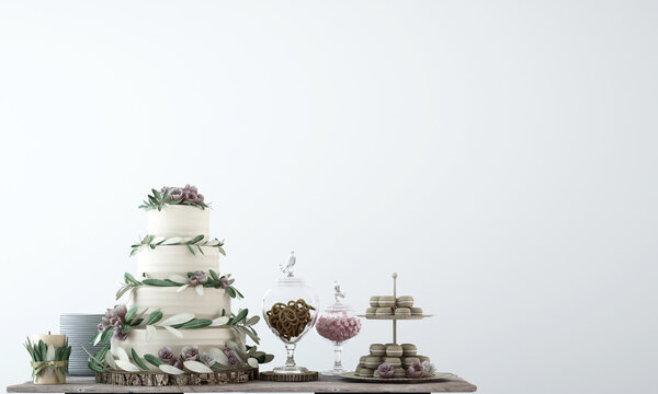 Mock up wedding cake on white wall on the wood table, white background, 3d render, 3d illustration