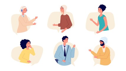 People in speech bubbles. Adult conversation, international multicultural persons talking. Cheersing, remote dialogue vector concept. People communication and conversation, speak talk illustration