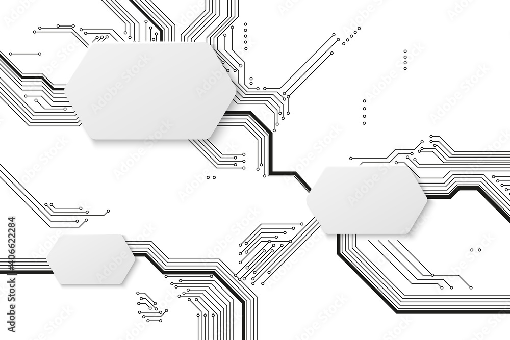 Fototapete Motherboard background. Technology circuit, tech art graphics with connection lines. Modern engineering board banners vector. Circuit motherboard integrated, system backdrop hardware illustration