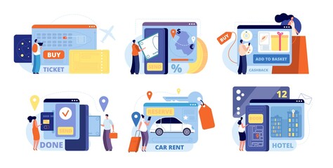 Online booking. Smart person, mobile travel or airport tickets. Internet rental car hotel, digital vacations planning vector. Online service smartphone, transportation booking and flight illustration