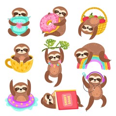 Cute sloths. Funny sleepy sloth, isolated wild jungle character. Cartoon animal on rainbow branch, in coffee cup under book exact vector set. Sleep sloth on branch, laziness mammal in cop coffee © MicroOne