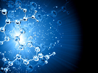 Models of abstract molecular structure and golden magic sparks on blue background