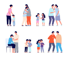 Family consoled. Cartoon supportive friend, grief or depression comforted. Husband support wife, mother hugging sad kid utter vector concept. Hugging family, mental depression support illustration