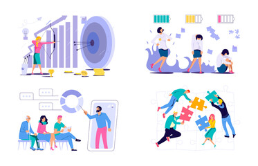Set of Teamwork concepts. Business people connecting, working together and brainstorming for website banner and landing page. Flat Art Vector Illustration