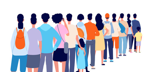 People standing in line. Isolated crowd, queue group back stand. Person wait shopping, airport registration or ticket utter vector concept. People line queue, crowd stay in row illustration © MicroOne
