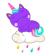 Unicorn kitty sleeping on cloud with raindrops