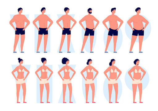 Body types. Woman shapes, men bodies silhouettes. Fashion icons, different girls boys in underwear, flat slim fat utter vector characters. Shape body model, weight and straight size illustration